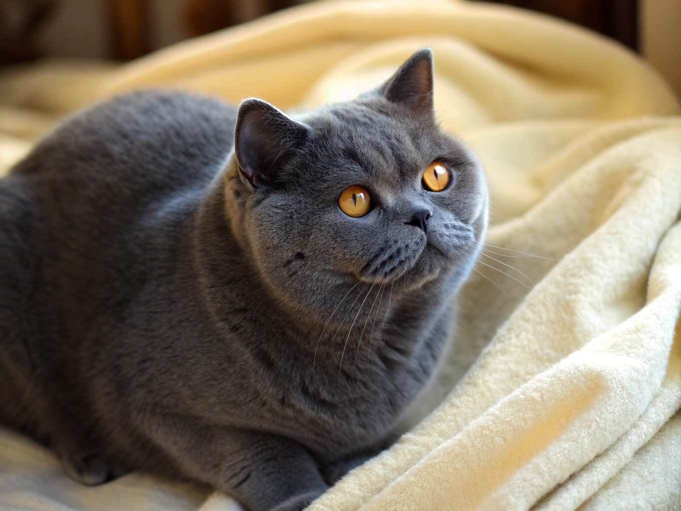 Portrait of a plush British Shorthair with rounded cheeks and copper eyes