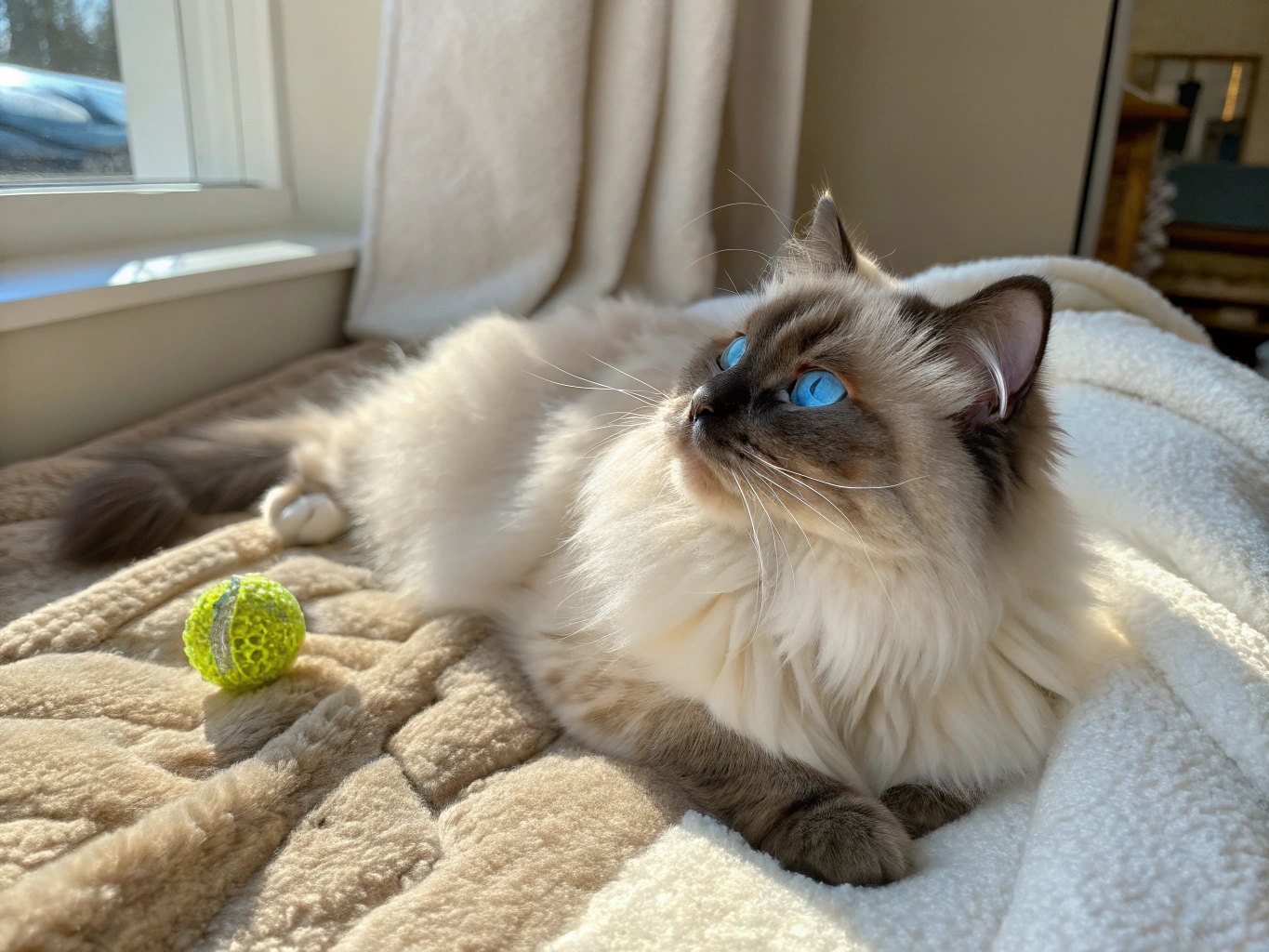 Warm daylight portrait of a blue-eyed colorpoint Ragdoll resting peacefully