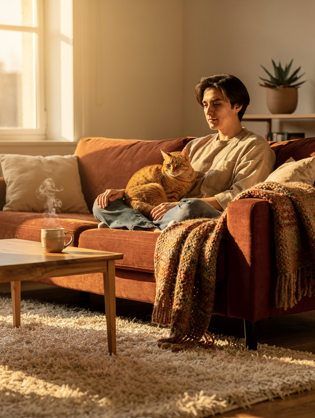 Breeder holding affectionate pedigree kittens in a sunlit living room
