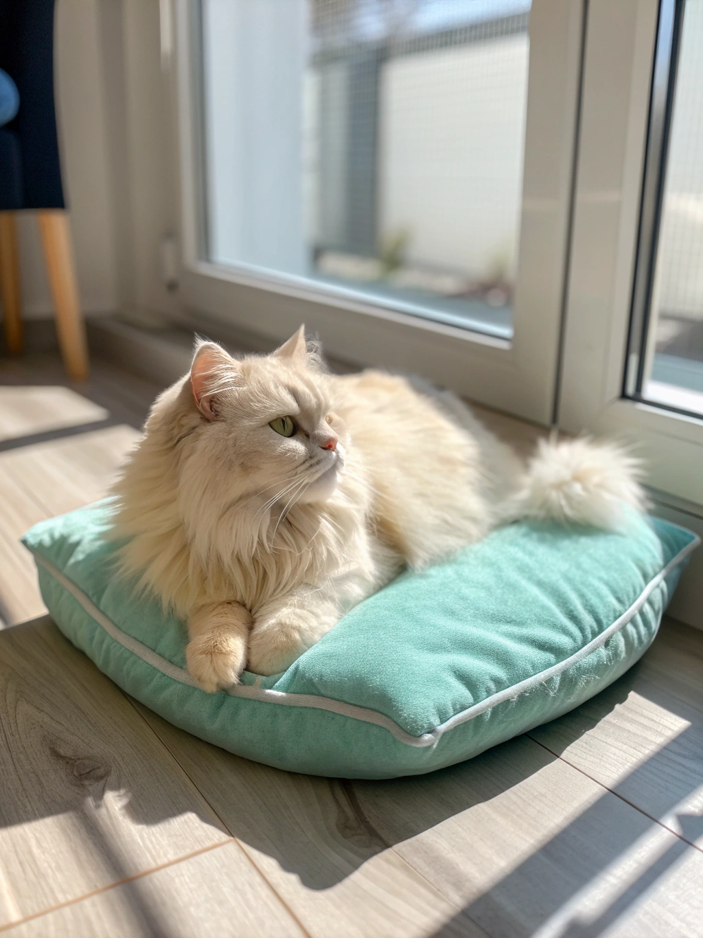 Plush British Shorthair kitten sitting comfortably in sunlit living room