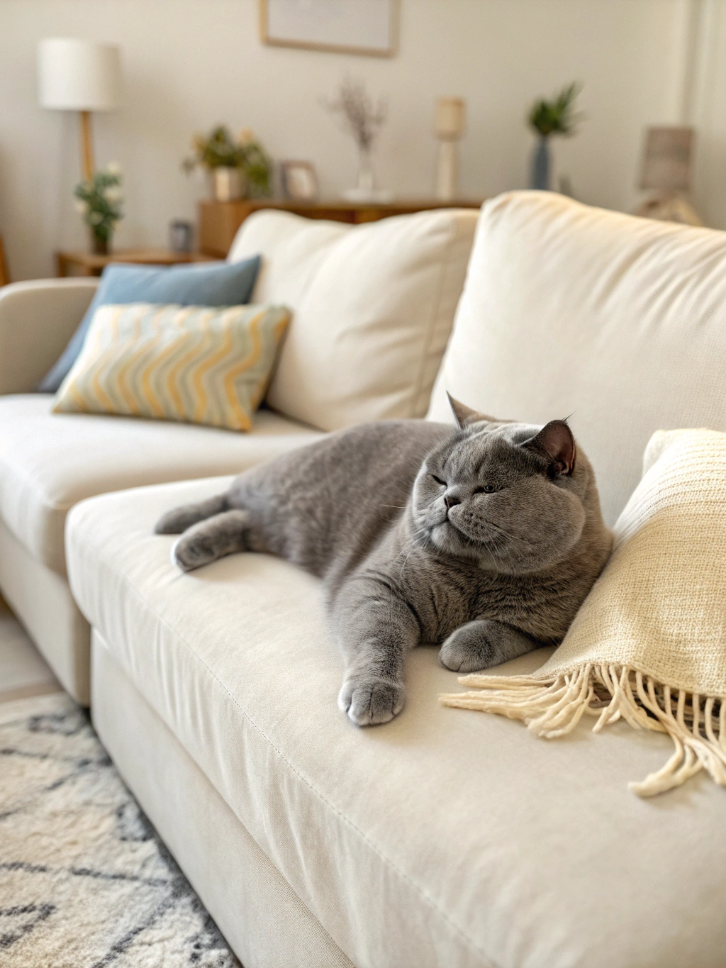 British Shorthair kitten resting peacefully in a sunlit living room