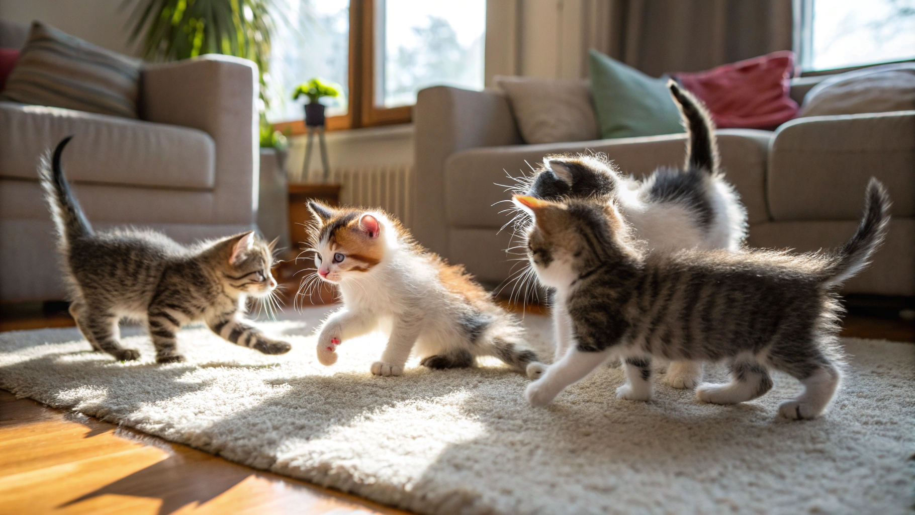 Playful pedigree kittens interacting with interactive feather toys in the nursery