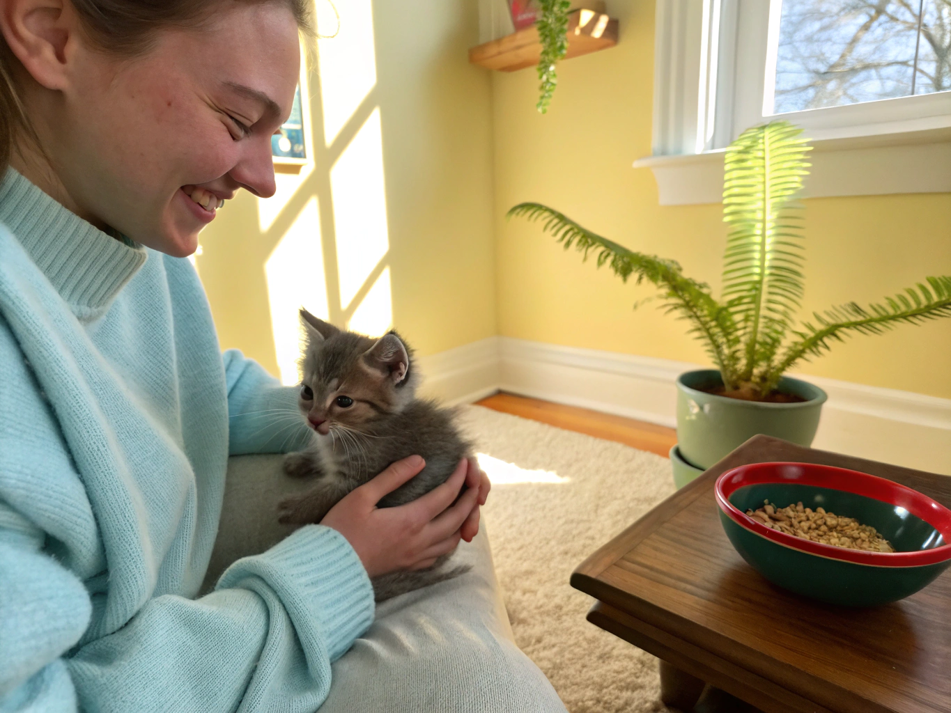 Caregiver gently cradling a relaxed kitten in both hands for daily socialization