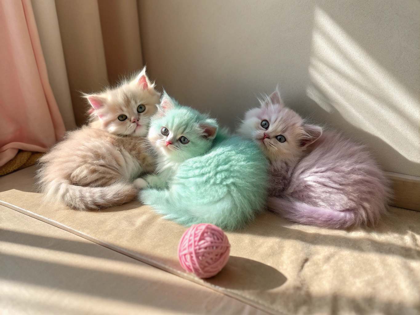 Affectionate pedigree kittens playing softly on a sunlit linen blanket