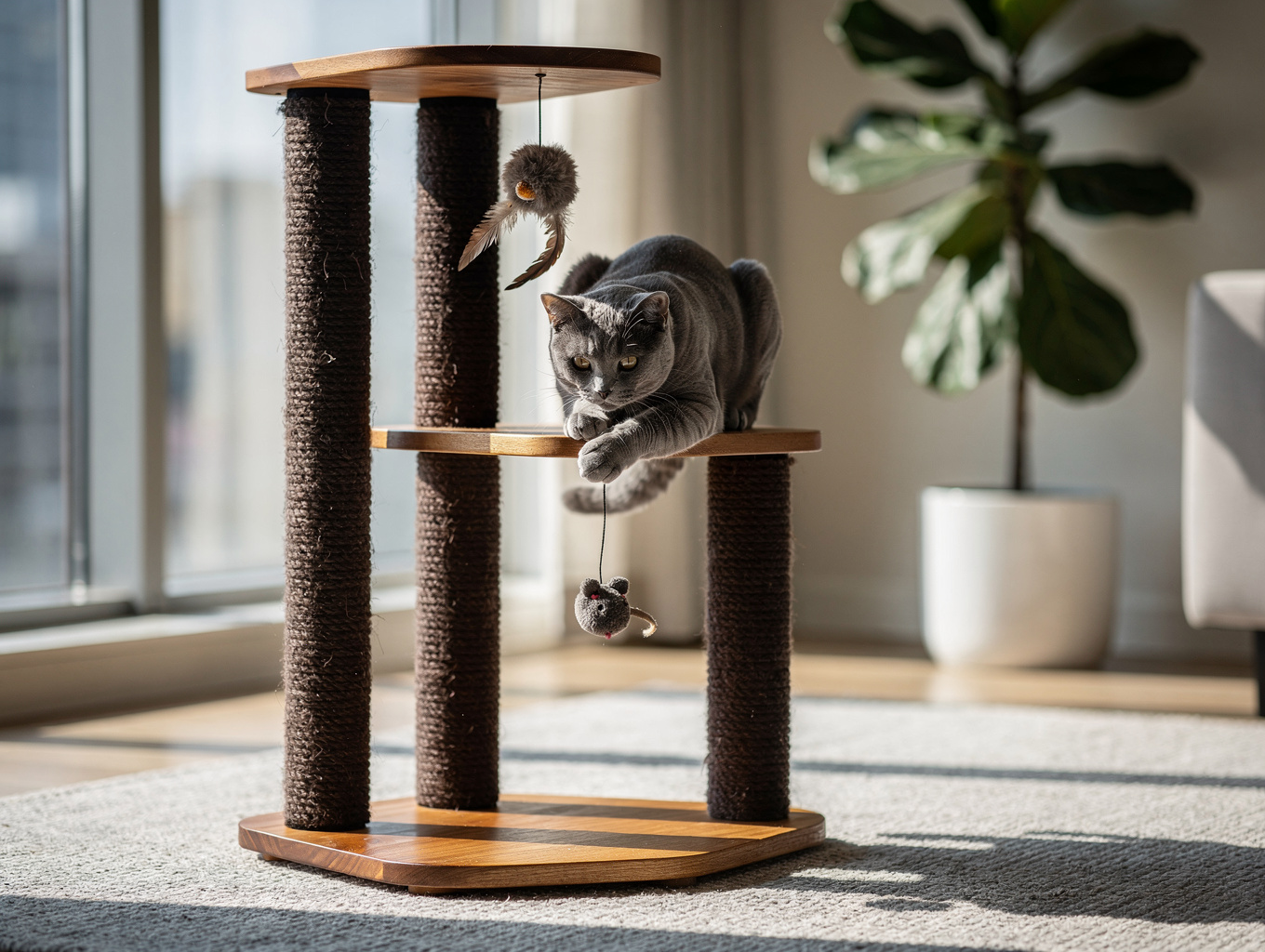 Young Ragdoll kitten practicing balance on a carpeted cat tree in natural sunlight