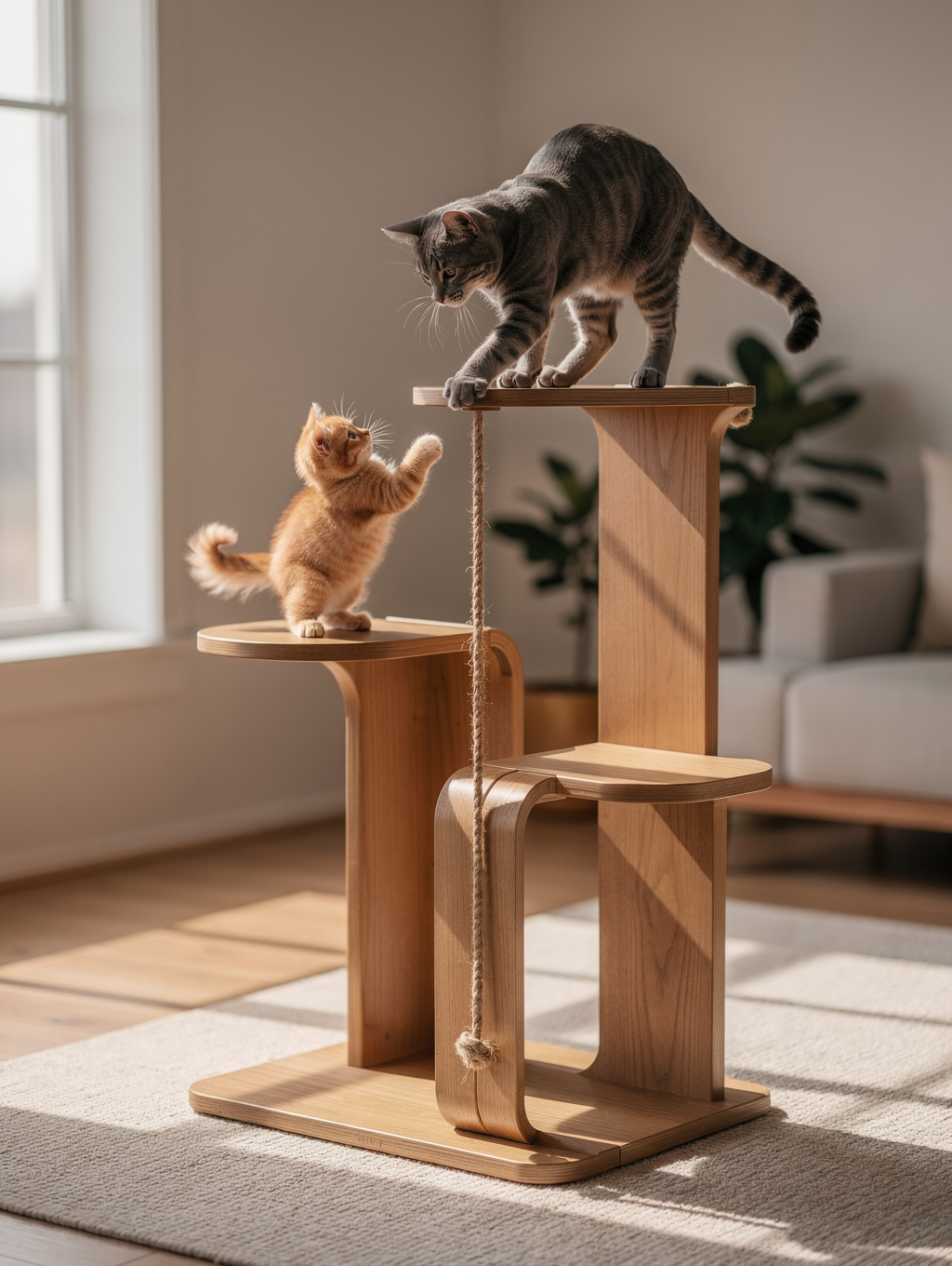 Curious pedigree kitten exploring a natural wood climbing tree