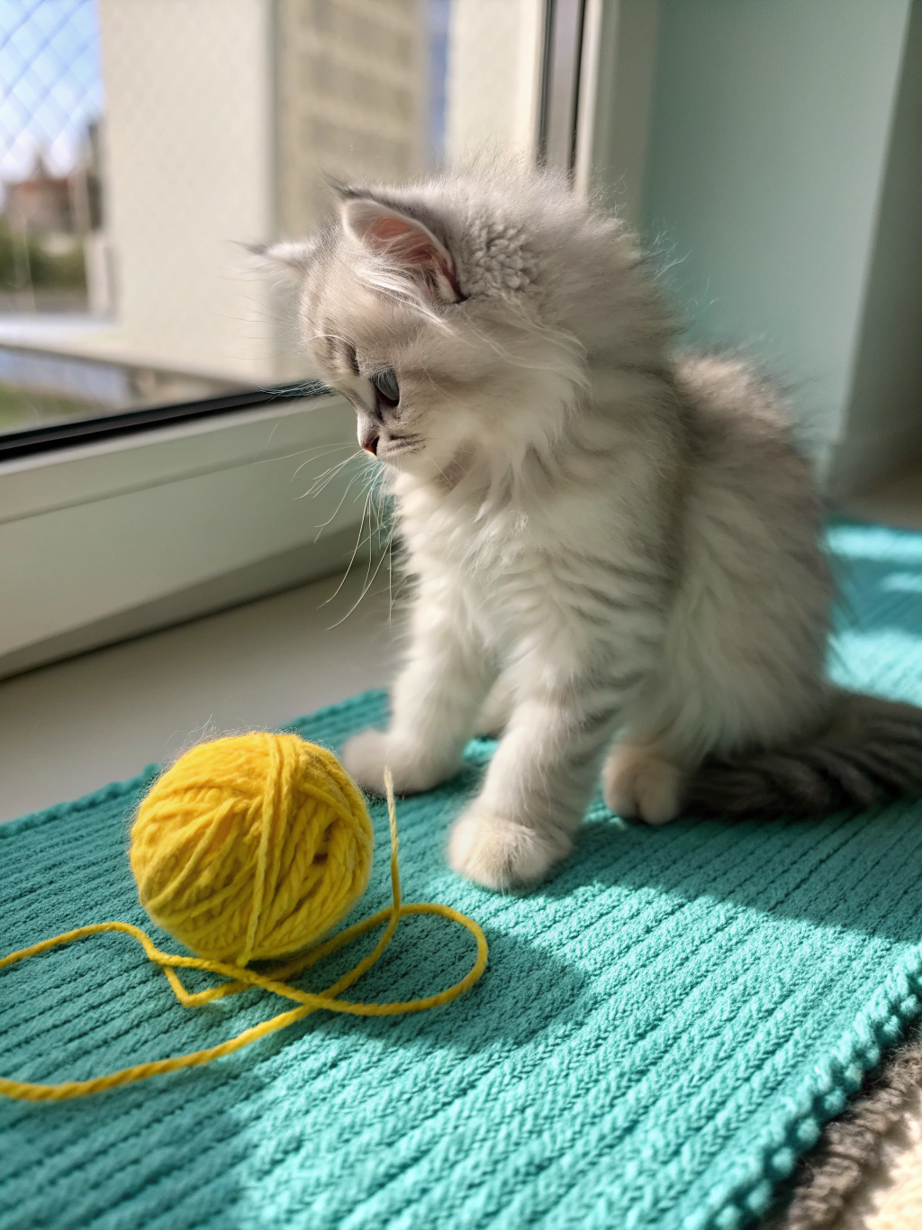 Fluffy ragdoll kitten cuddling peacefully in a family member's arms by a sunny window