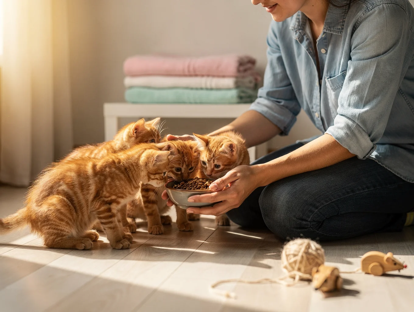 Young kittens eating wholesome meal together in cattery nursery