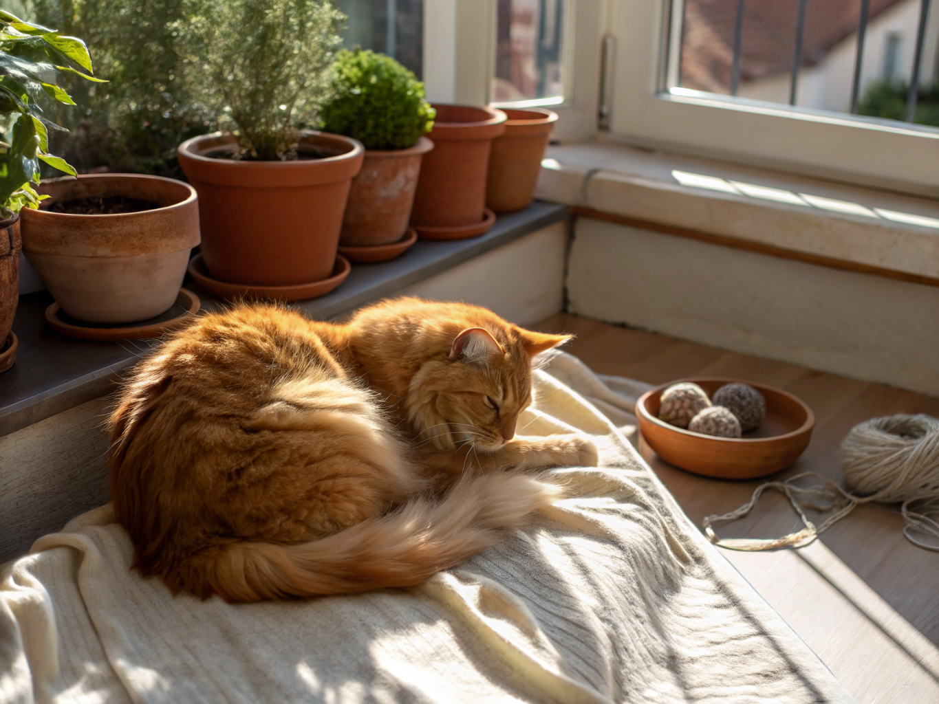 Playful kitten resting peacefully in a sunlit living room