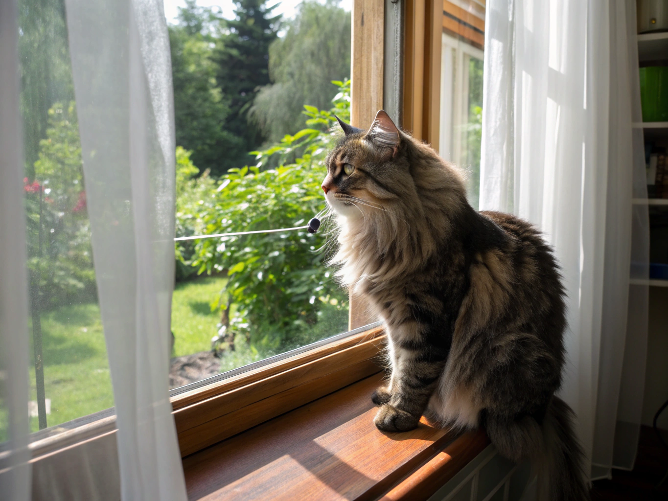 Kitten sitting beside a sunny window watching garden birds with perked ears