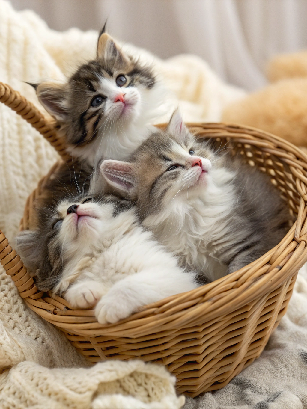 Litter of purebred kittens snuggled together sleeping in a warm woven basket
