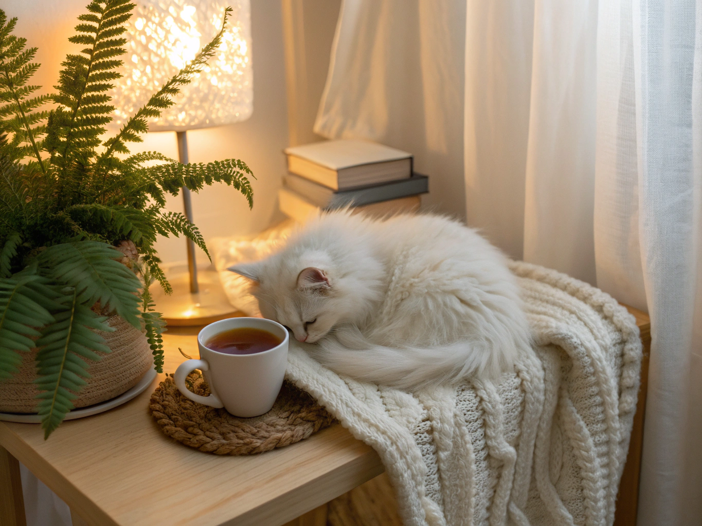 Two fluffy kittens curled together napping peacefully on a soft linen cushion