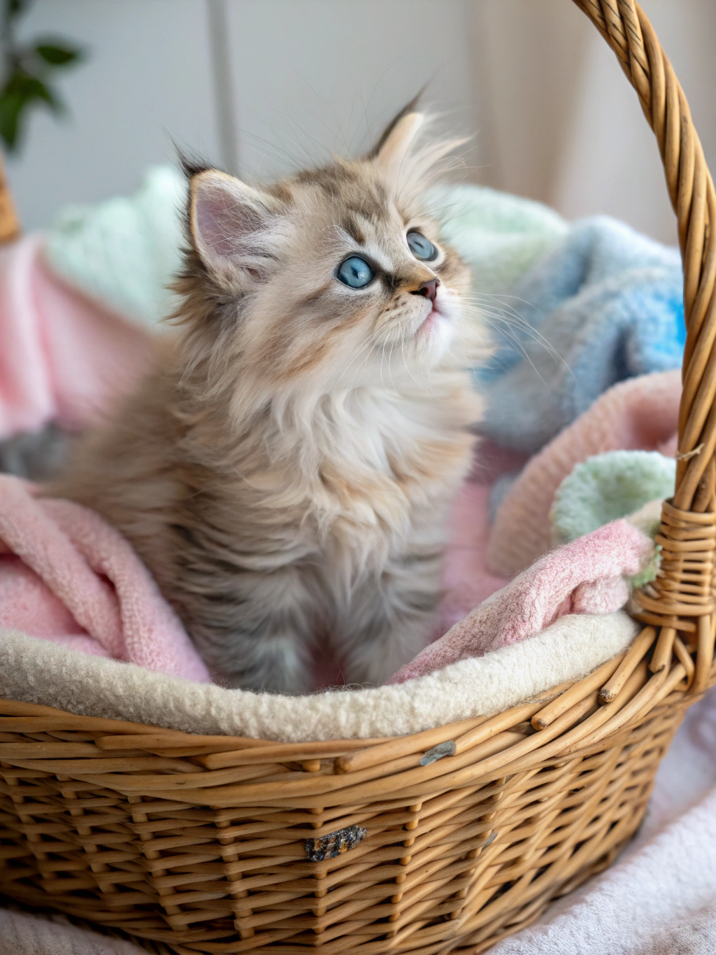 Fluffy Maine Coon kitten resting in a warm sunlit living space