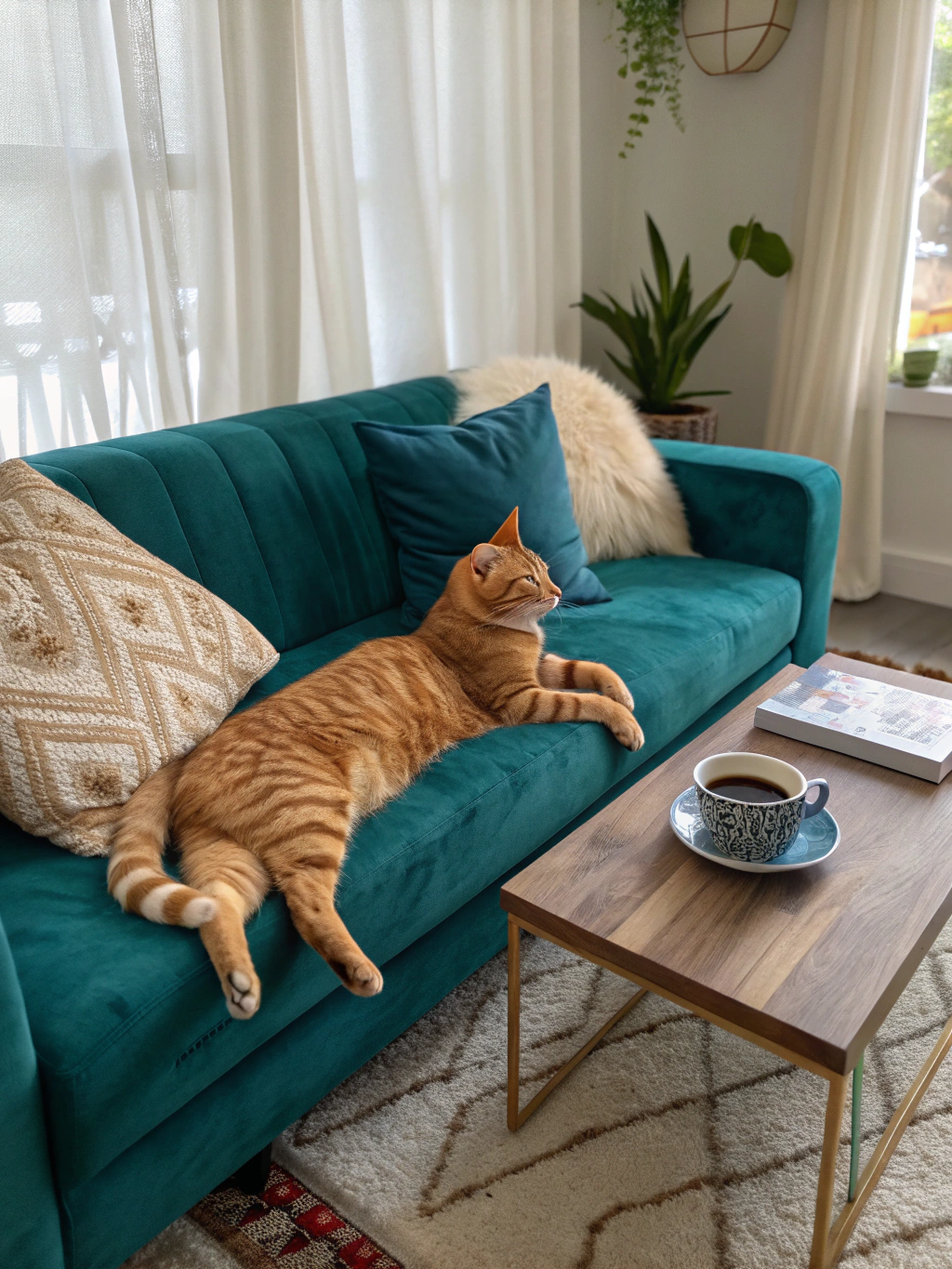 Majestic Maine Coon king resting peacefully in an elegant living room