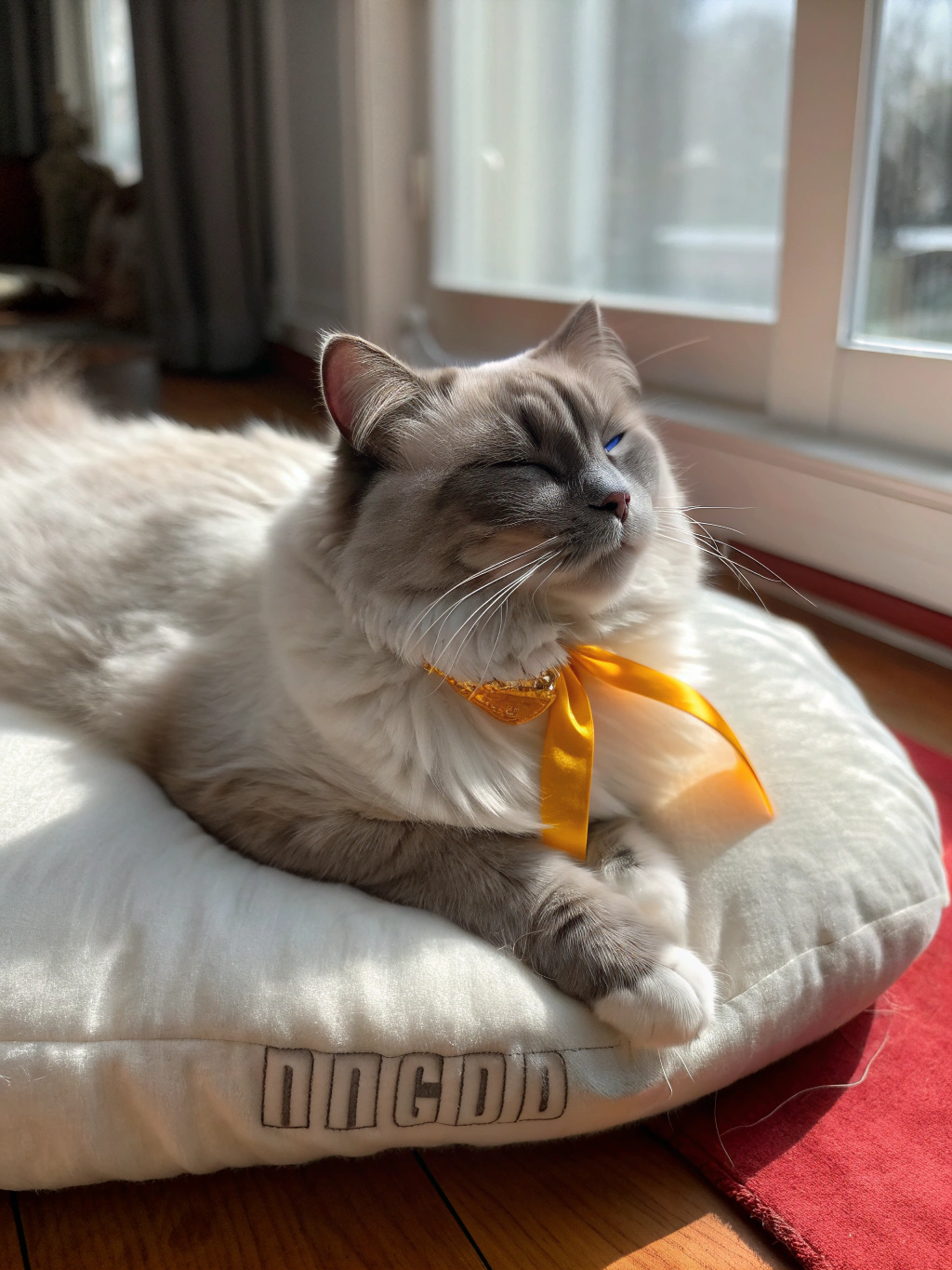 Ragdoll kitten relaxing on a soft linen throw in natural daylight