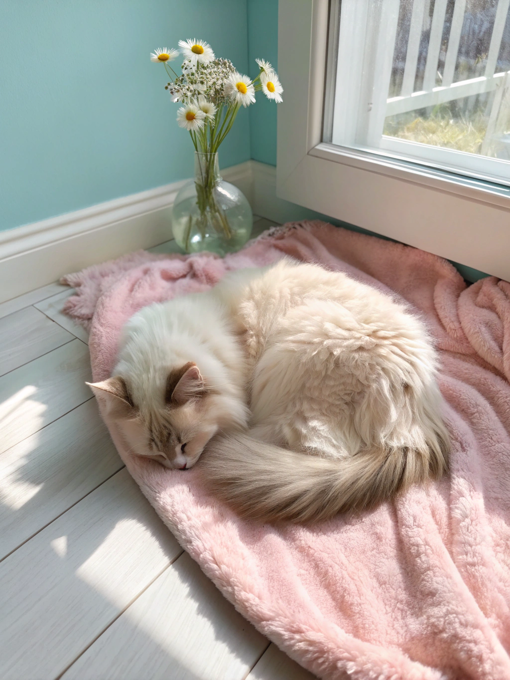 Fluffy blue-eyed Ragdoll kitten resting gracefully on warm linen